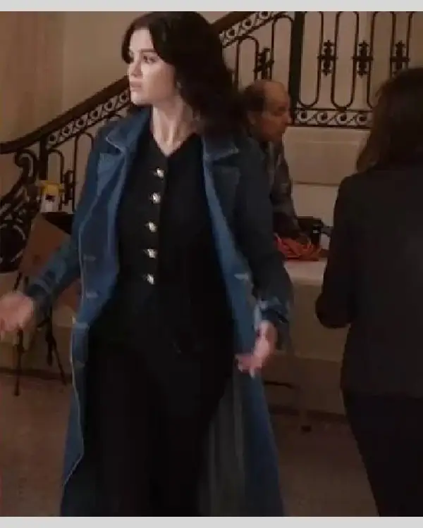Selena Gomez Only Murders in the Building Season 5 Double-Breasted Denim Maxi Trench Coat Blue