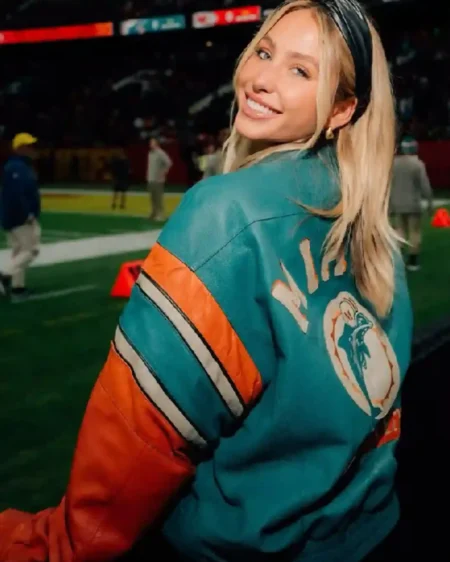 Shop Aqua And Orange Full-zip Alix Earle Miami Dolphins Leather Jacket on Sale Back