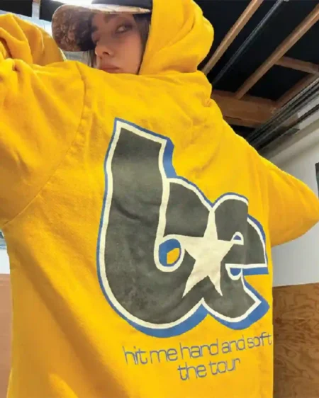 Shop Billie Eilish Hit Me Hard And Soft The Tour 2024 Tour Zip Yellow Hoodie Sale Back post