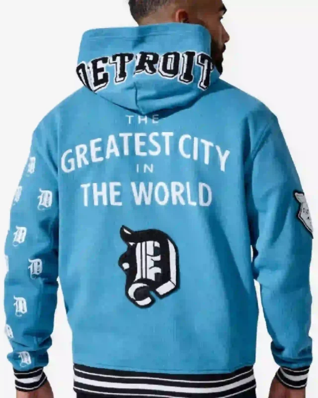 Shop D-Town Embroidered Detroit Logo Blue Pullover Hoodie Sale Back