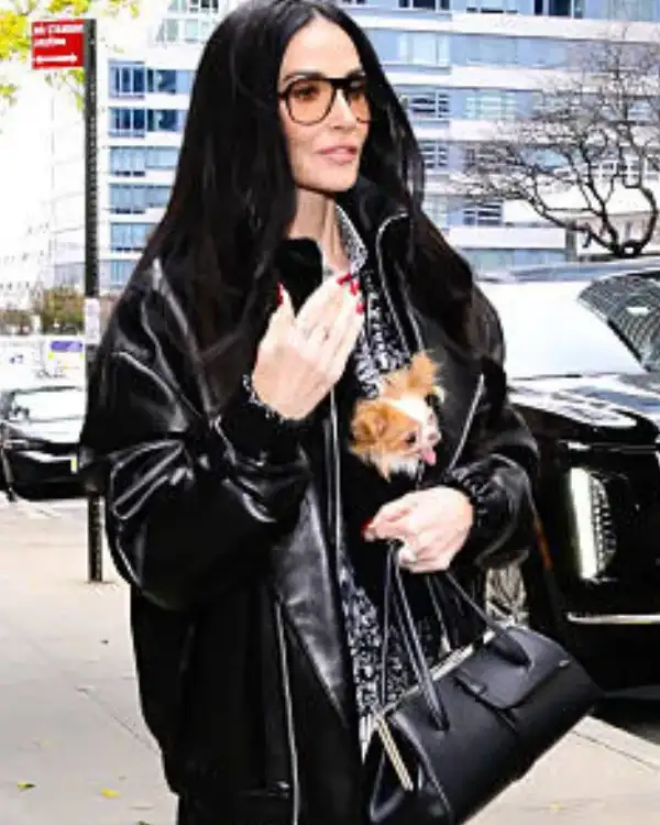 Shop Demi Moore Dog Pilaf York City 2025 Oversized Black Leather Bomber Jacket For Sale
