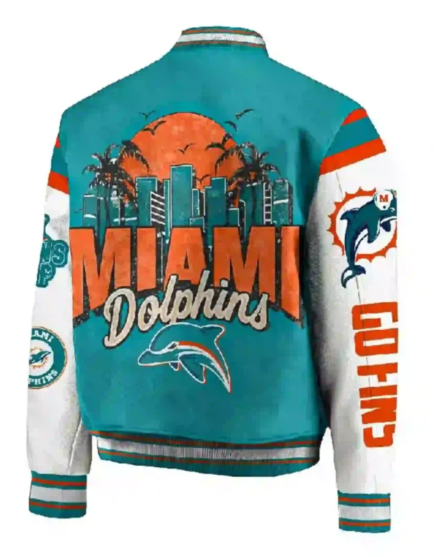 Shop Full-snap Miami Dolphins Bomber Baseball Wool_Leather Jacket Sale Back