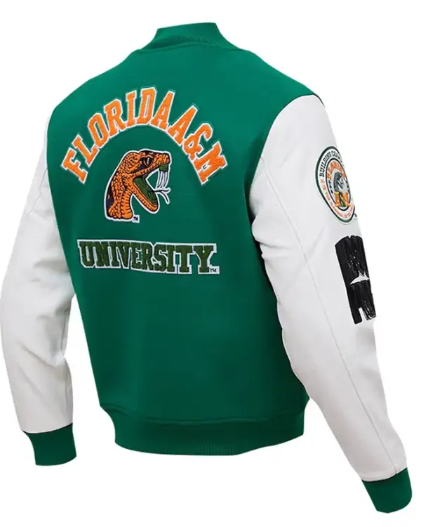 Shop Green And White Script Florida A&M Rattlers Varsity Jacket Sale Back