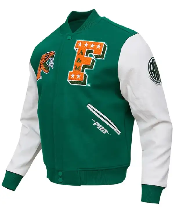 Shop Green And White Script Florida A&M Rattlers Varsity Jacket on Sale