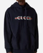 Shop Gucci Logo Print Cotton Jersey Blue Pullover Hoodie
