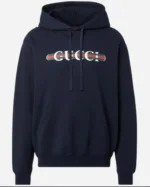 Shop Gucci Logo Print Cotton Jersey Blue Pullover Hoodie Sale