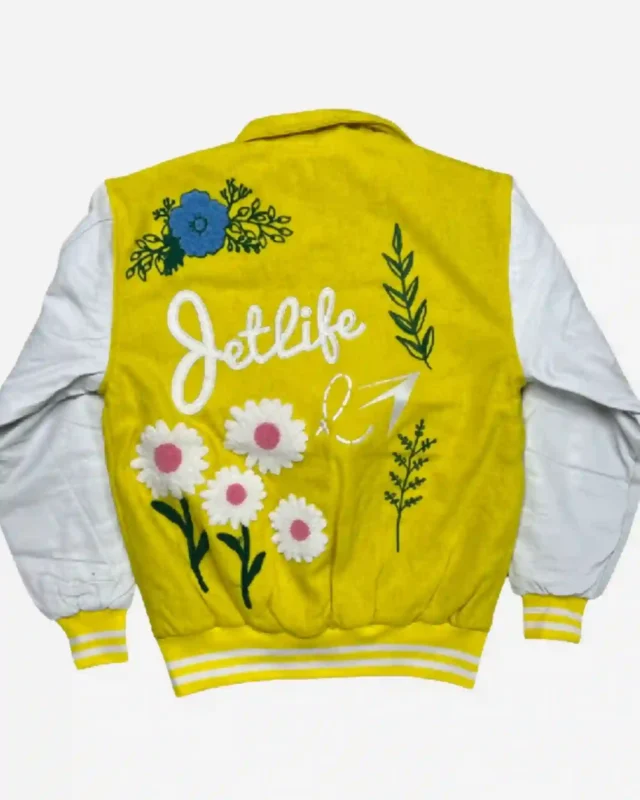 Shop Jet Life Apparel Give Me My Flowers Distorted Yellow Letterman Jacket Sale Back