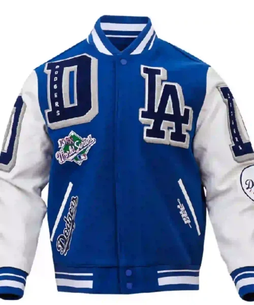 Shop LA Dodgers Mashup Varsity Jacket with Leather Sleeves Sale Blue