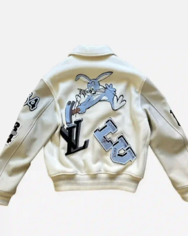 Shop Louis Vuitton FW22 Patched Bunny Cream Leather Varsity Jacket Sale