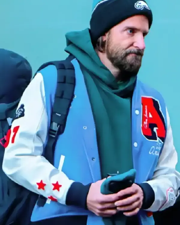 Shop New York City Actor Bradley Cooper Blue and White Letterman Varsity Jacket on Sale