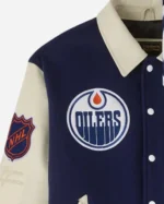 Shop October’s Very Own OVO x NHL Edmonton Oilers Navy Blue Varsity Jacket Sale Sleeves