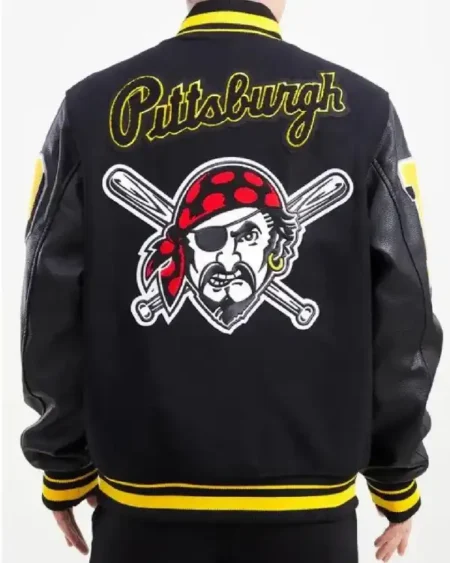 Shop Pittsburgh Pirates Logo Mash Up Varsity Wool and Leather Jacket Sale Black Back