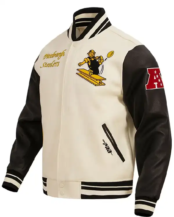Shop Pittsburgh Steelers Retro Classic Cream and Black Varsity Jacket For Sale Side post