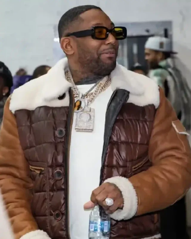 Shop Rapper Maino Let’s Rap About It Podcast Brown Quilted Shearling Leather Jacket Sale