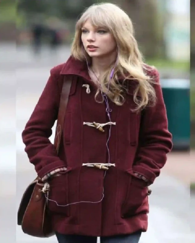 Shop Taylor Swift Street Style Toggle Burgundy Wool Coat For Sale