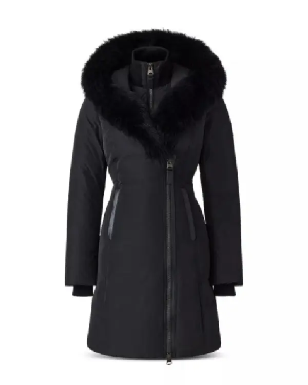 Shop Tess A Merry Little Ex-Mas 2025 Jameela Jamil Black Fur-Trim Hooded Down Coat on Sale