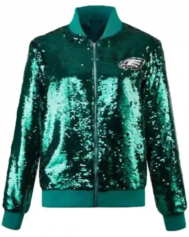 Shop Women’s Philadelphia Eagles Green Sequin Bomber Jacket on Sale Style 01