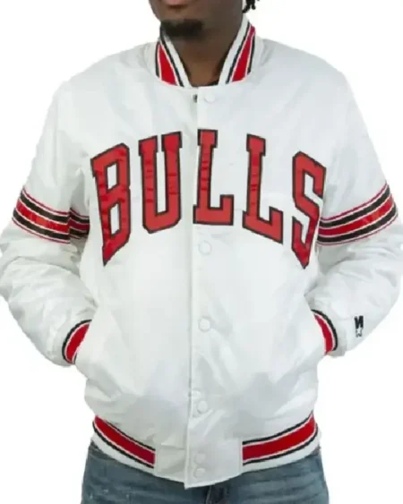 Striped Chicago Bulls White Satin Jacket