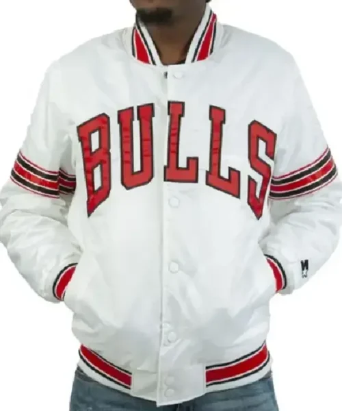 Striped Chicago Bulls White Satin Jacket
