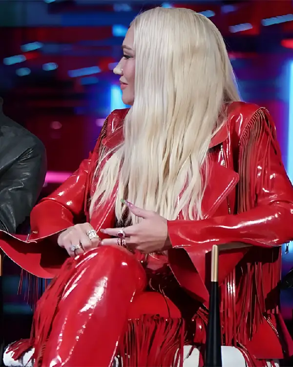 The Voice S26 Gwen Stefani Red Leather Fringe Blazer sale