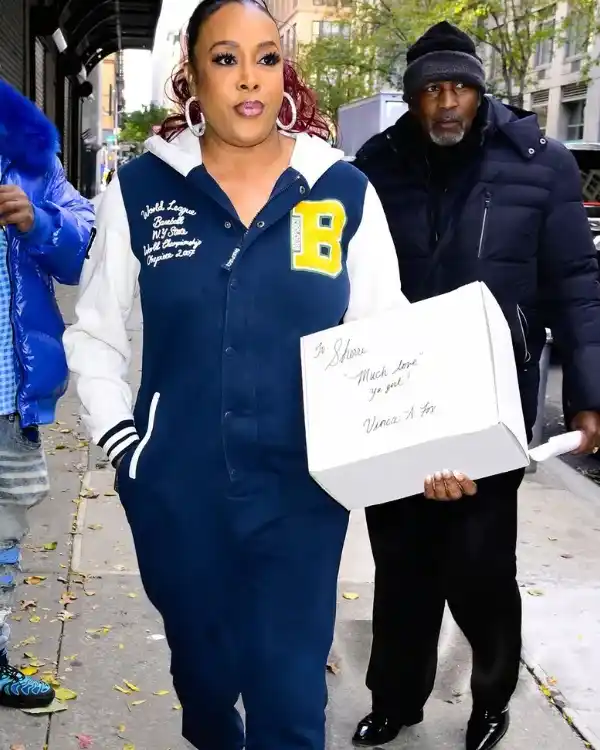 Vivica A. Fox New York 2025 FOX Studios Embroidery Navy & White Varsity Letter Hooded Jumpsuit