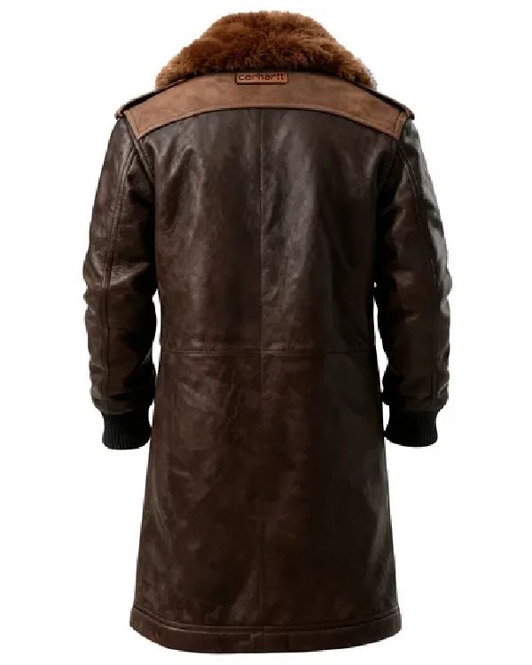 Winter Essential Longline Brown Aviator Jacket with Detachable Fur Collar back