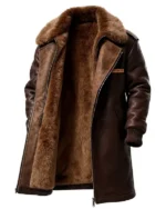 Winter Essential Longline Brown Aviator Jacket with Detachable Fur Collar for sale