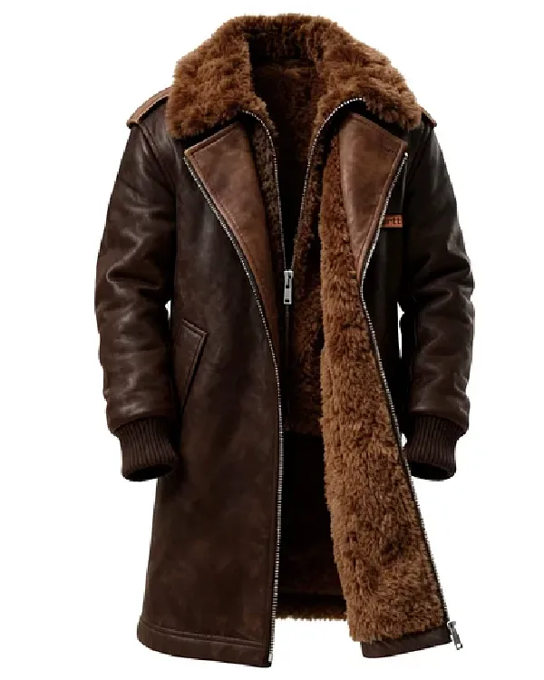 Winter Essential Longline Brown Aviator Jacket with Detachable Fur Collar sale