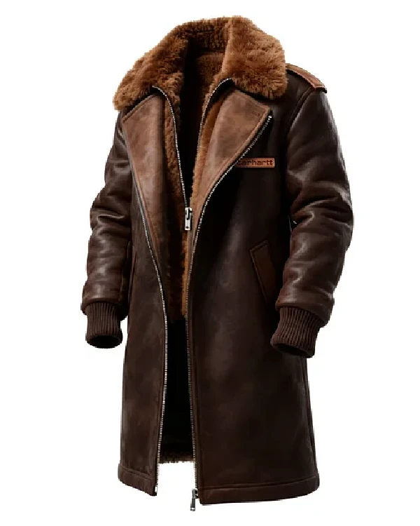 Winter Essential Longline Brown Aviator Jacket with Detachable Fur Collar