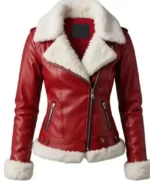 Women Merry Christmas Red Shearling Leather Jacket