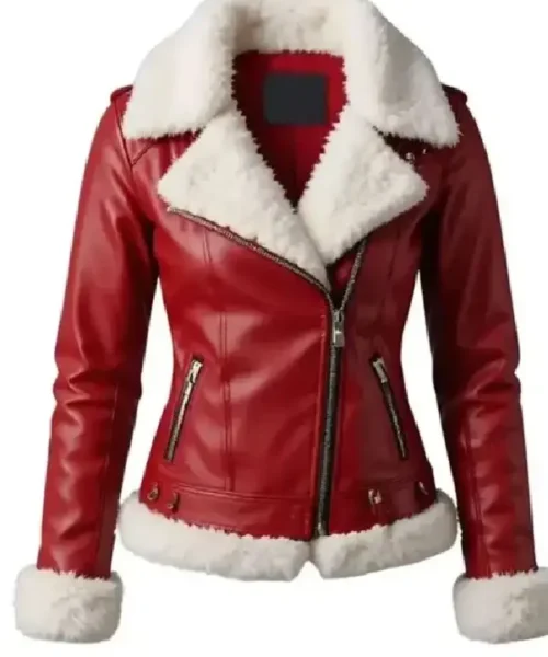 Women Merry Christmas Red Shearling Leather Jacket