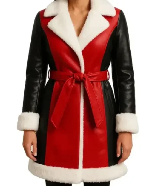 Women Red and Black Leather Shearling Coat