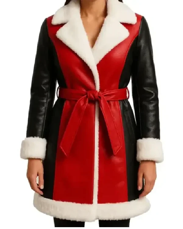 Women Red and Black Leather Shearling Coat