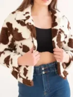Womens Cropped Brown And White Cowhide Fur Jacket