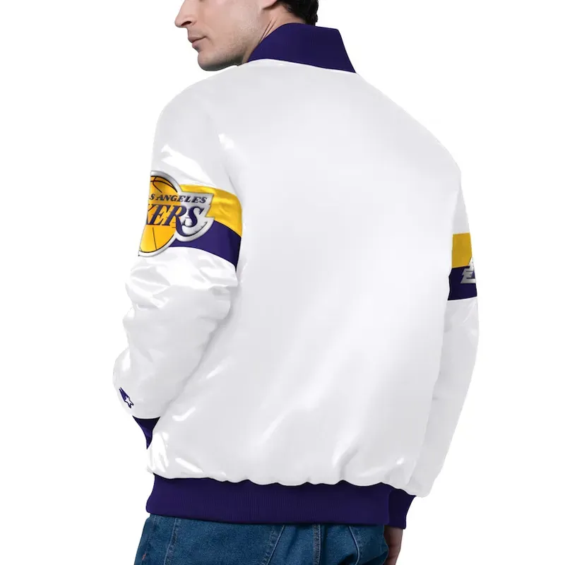 la lakers triple option varsity white satin jacket