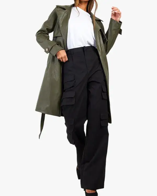 Belted Short Faux Leather Trench Coat