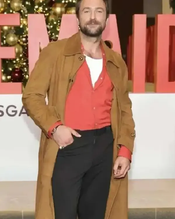 Brandon Sklenar The Housemaid New York Screening Brown Coat sale