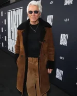 Buy Baz Luhrmann Marty Supreme LA Premiere A24’s Brown Suede Shearling Overcoat