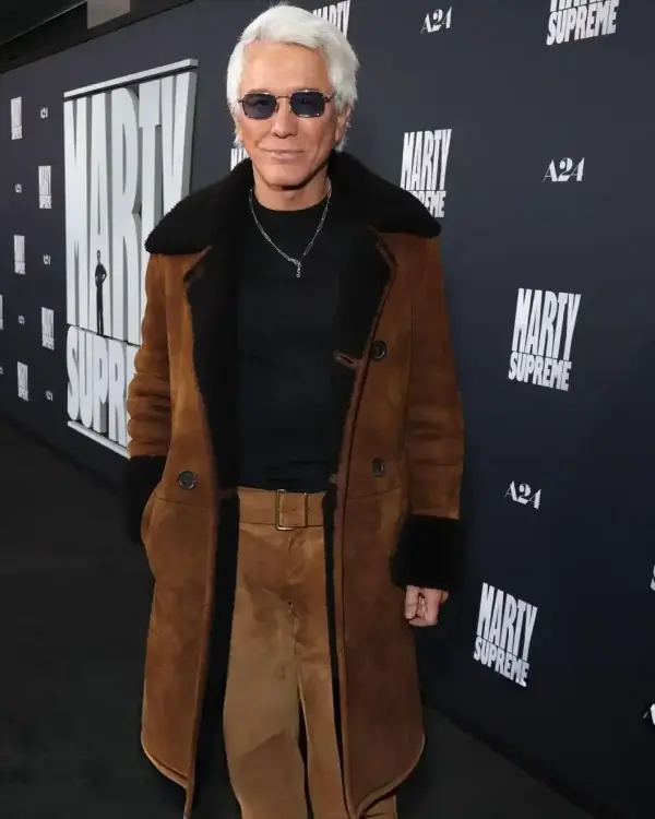 Buy Baz Luhrmann Marty Supreme LA Premiere A24’s Brown Suede Shearling Overcoat