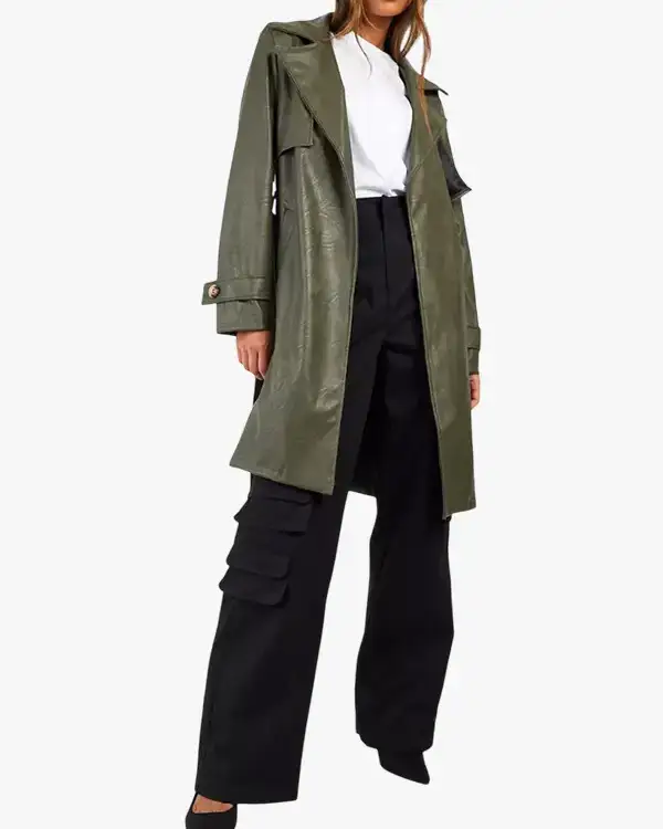 Buy Belted Short Faux Leather Trench Khaki Coat