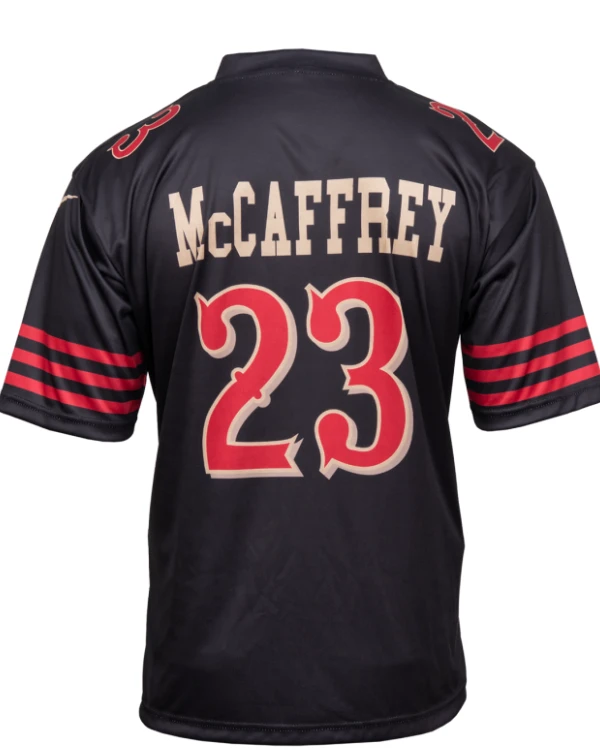 Buy Christian McCaffrey San Francisco 49ers Red Numbers, Tan Outline, “Faithful” Script and Sleeve Stripes Black Football Jersey back