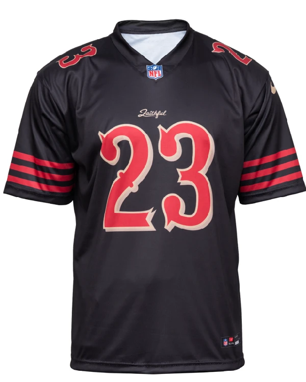 Buy Christian McCaffrey San Francisco 49ers Red Numbers, Tan Outline, “Faithful” Script and Sleeve Stripes Black Football Jersey