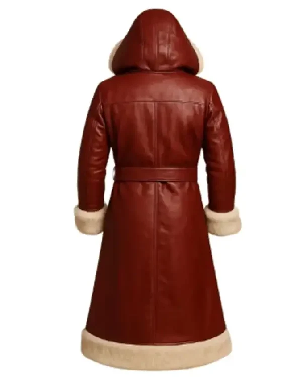 Buy Christmas Red Genuine Leather Shearling Hooded Belted Closure Trench Coat for Men Sale