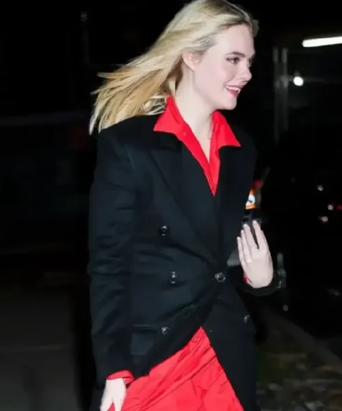 Buy Elle Fanning NYC 2025 Double-Breasted Oversized Black Wool Trench Coat