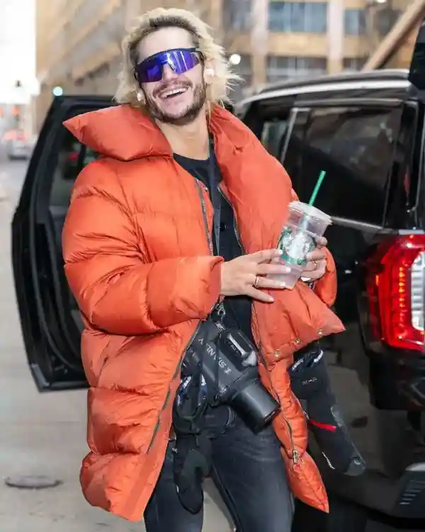 Buy Frankie Grande Philadelphia 2025 Funnel Collar & Snap-Zipper Closure Orange Oversized Longline Puffer Coat