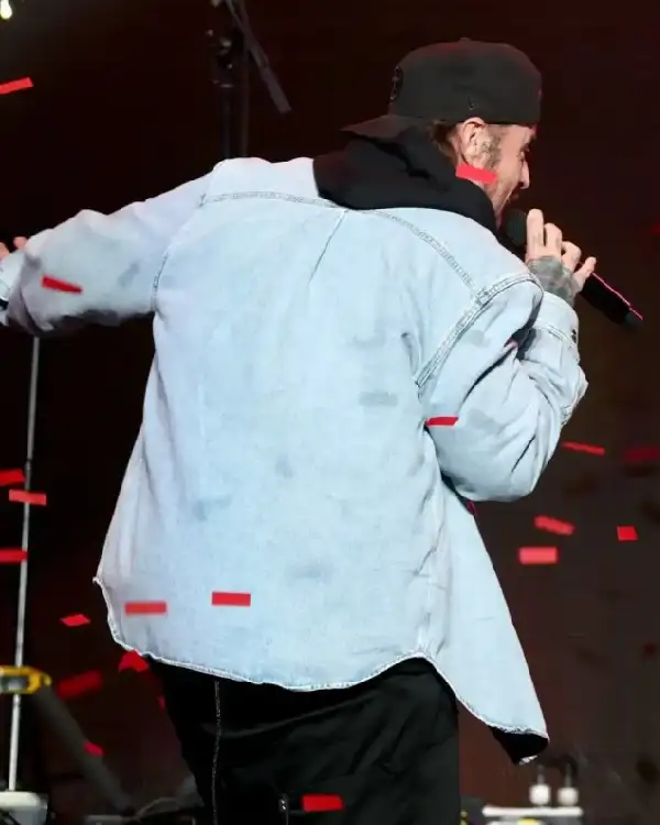 Buy Jelly Roll IHeartRadio Hot 99.5 Jingle Ball 2025 Curved Shirt-Tail Hem Light-Wash Ice Blue Oversized Denim Shacket