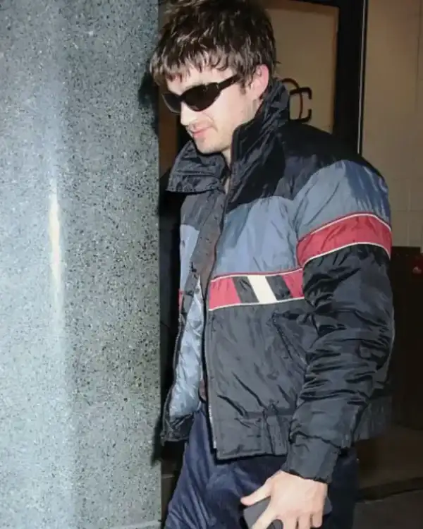 Buy Joe Keery Good Morning America 2025 Slate Blue, Red Horizontal Band Racing Stripes Black Puffer Bomber Jacket