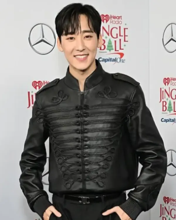 Buy Kevin Woo iHeartRadio Z100’s Jingle Ball 2025 Black Leather Bomber Jacket