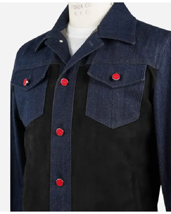 Buy Kiton Blue & Brown Cotton Ea Suede Leather Denim Coat Jacket