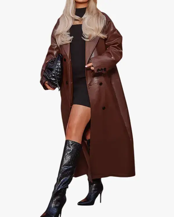 Buy Long Chocolate Oversized Double Breasted Faux Leather Trench Coat